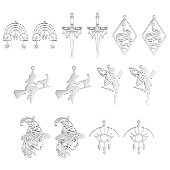 14Pcs 7 Style 201 Stainless Steel Pendants, Laser Cut, Manual Polishing, Mix-shaped, Stainless Steel Color, 36~45x21~35x1mm, Hole: 1.5~2mm, 2pcs/style