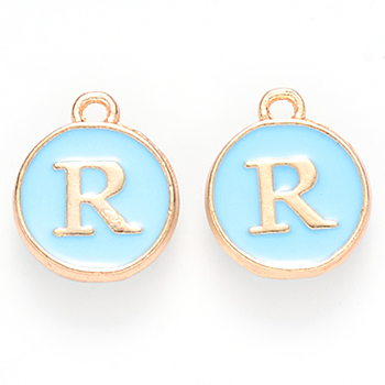 Golden Plated Alloy Enamel Charms, Cadmium Free & Lead Free, Enamelled Sequins, Flat Round, Sky Blue, Letter.R, 14x12x2mm, Hole: 1.5mm