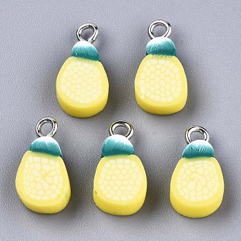 Handmade Polymer Clay Charms, with Platinum Tone Iron Findings, Mango, Yellow, 14~16x8x5mm, Hole: 1.8mm