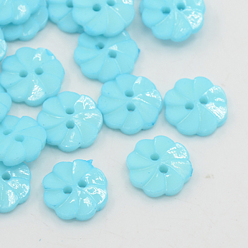 Acrylic Buttons, 2-Hole, Dyed, Flower, Cyan, 13x3mm, Hole: 2mm