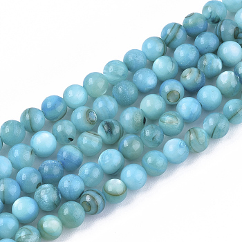 Freshwater Shell Beads Strands, Dyed, Round, Light Blue, 4mm, Hole: 0.8mm, about 95pcs/strand, 14.96 inch(38cm)