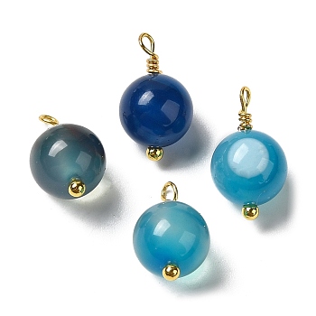 Dyed Natural Agate Round Charms with Real 18K Gold Plated Brass Loops, Dodger Blue, 13.5~14x7.5~8.5mm, Hole: 1.5~1.6mm