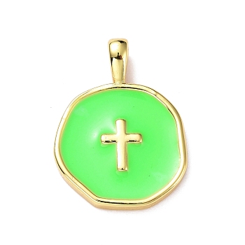 Brass Enamel Pendants, Light Gold, Flat Round with Cross, Lime, 18x13.5x3.5mm, Hole: 2x3.5mm