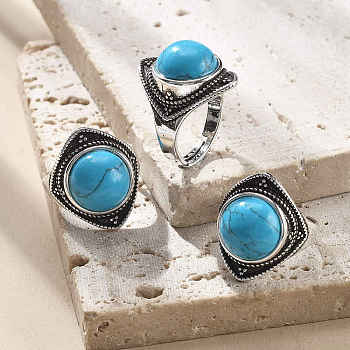 Synthetic Turquoise Adjustable Rings, Antique Silver Tone Brass Finger Rings, Rhombus, 22mm, Inner Diameter: 18mm