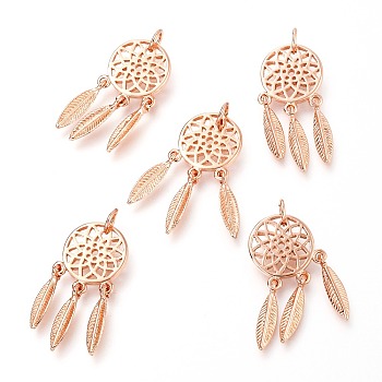 5Pcs Brass Pendants, Woven Net/Web with Feather, Rose Gold, 26x12x1.34mm, Hole: 3.4mm