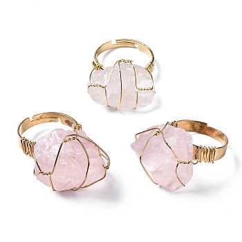 Adjustable Natural Rose Quartz Finger Rings, with Light Gold Brass Findings, Nuggets, US Size 8 1/4(18.3mm)