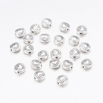 Tibetan Style Alloy Beads, Flat Round with Heart, Antique Silver, Lead Free & Cadmium Free, 6x6x3mm, Hole: 1.5mm