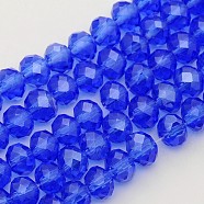 Glass Beads Strands, Pearl Luster Plated, Crystal Suncatcher, Faceted Rondelle, Royal Blue, 6x4mm, Hole: 1mm, about 83~85pcs/strand, 38~39cm, about 14 inch(EGLA-GR6MMY-24L)
