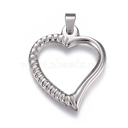 304 Stainless Steel Open Heart Pendants, Hollow, Stainless Steel Color, 29.5x26x3mm, Hole: 3x5mm(STAS-E466-02P)