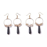 Pearl Chip Beads Dangle Earrings, with Brass Findings and Natural Agate Beads, teardrop, Golden, 85mm, Pin: 0.7mm(EJEW-L218-07)