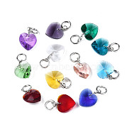 Faceted Transparent Glass Charms, with Iron Jump Ring, Heart, Mixed Color, 13~14x10x5~6mm, Hole: 4mm(GLAA-T024-04)