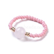 Natural Rose Quartz Stretch Rings, with Glass Seed Beads, Size 8, 18mm(RJEW-JR00255-03)