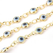 Handmade Evil Eye Lampwork Link Chains, Soldered, with Brass Findings, with Spool, Long-Lasting Plated, Flat Round, Golden, White, 10x4.5x2mm, Hole: 1.5mm, about 32.8 Feet(10m)/roll(CHC-F009-01A-G02)