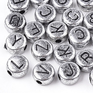Acrylic Beads, Horizontal Hole, Mixed Letter, Flat Round, Silver, 7x4mm, Hole: 1mm, about 3700pcs/500g(MACR-Q223-04A)