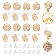 16Pcs Brass Stud Earrings Findings, Flat Round with Hole, with 20Pcs Plastic Ear Nuts, Golden, 10mm, Hole: 1mm, Pin: 0.7mm(KK-GO0001-43)