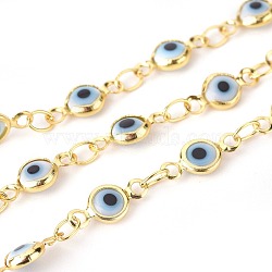 Handmade Evil Eye Lampwork Link Chains, Soldered, with Brass Findings, with Spool, Long-Lasting Plated, Flat Round, Golden, White, 10x4.5x2mm, Hole: 1.5mm, about 32.8 Feet(10m)/roll(CHC-F009-01A-G02)
