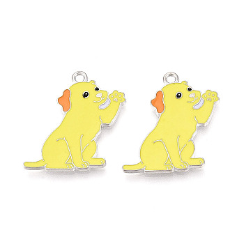 Rack Plating Alloy Enamel Pendants, Cadmium Free & Lead Free, Platinum, Dog Charm, Yellow, 29x23x1.5mm, Hole: 1.8mm