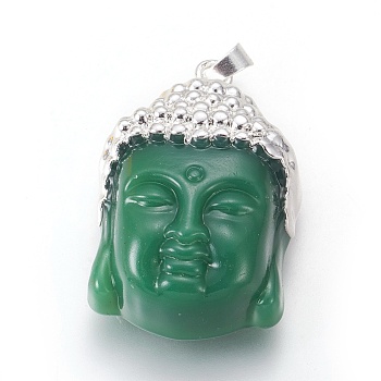 Glass Pendants, with Brass Findings, Buddha Head, Silver Color Plated, Green, 40x26.5x16.5mm, Hole: 5x8mm
