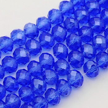 Glass Beads Strands, Pearl Luster Plated, Crystal Suncatcher, Faceted Rondelle, Royal Blue, 6x4mm, Hole: 1mm, about 87~90pcs/strand, about 14 inch