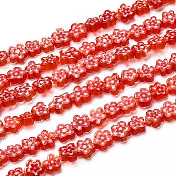Handmade Millefiori Glass Bead Strands, Flower, Red, 4~7.2x2.6mm, Hole: 1mm, about 60~69pcs/Strand, 16 inch(40cm)