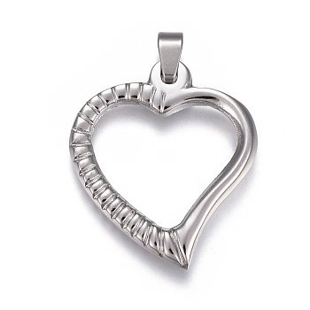 304 Stainless Steel Open Heart Pendants, Hollow, Stainless Steel Color, 29.5x26x3mm, Hole: 3x5mm