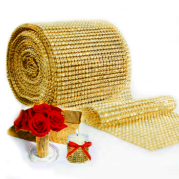 Plastic Mesh Rhinestone Trimming, Rhinestone Cup Chains, Gold, 120mm, about 10yards/roll