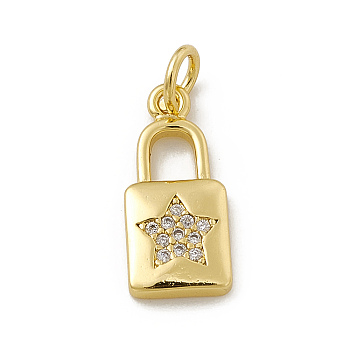 Brass Micro Pave Cubic Zirconia Pendants, with Jump Rings, Lock with Star Pattern Charm, Real 18K Gold Plated, 16x7.5x2mm, Hole: 3mm 