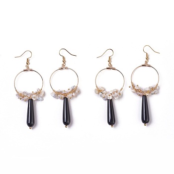 Pearl Chip Beads Dangle Earrings, with Brass Findings and Natural Agate Beads, teardrop, Golden, 85mm, Pin: 0.7mm