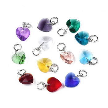 Faceted Transparent Glass Charms, with Iron Jump Ring, Heart, Mixed Color, 13~14x10x5~6mm, Hole: 4mm