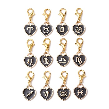 Alloy Enamel Pendant Decoration, with Alloy Clasp, Heart with Constellation, Golden, 27mm, 12pcs/set