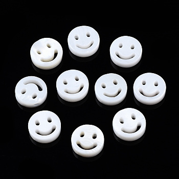 Natural Freshwater Shell Beads, Flat Round with Smiling Face, Creamy White, 8x2.5mm, Hole: 0.8mm