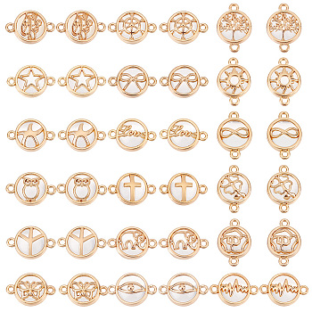 Elite 36pcs 18 styles Glass Connector Charms, with Light Gold Plated Alloy Findings, Flat Round, Clear, 13.5~19.5x13.5~19.5x5.5~6.5mm, Hole: 1.6mm, 2pcs/style