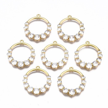 Brass Micro Pave Clear Cubic Zirconia Pendants, Nickel Free, Ring, Real 18K Gold Plated, 25x22x3.5mm, Hole: 1.4mm
