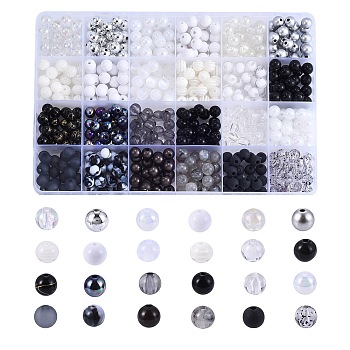 DIY Black and White Series Necklace & Bracelet Making Kits, include 600Pcs Opaque & Transparent Acrylic & Resin Round Beads, White, 8mm, Hole: 1.5mm, about 600pcs/box