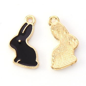 Alloy Enamel Pendants, Rabbit, Light Gold, Black, 17x11x1.5mm, Hole: 1.4mm
