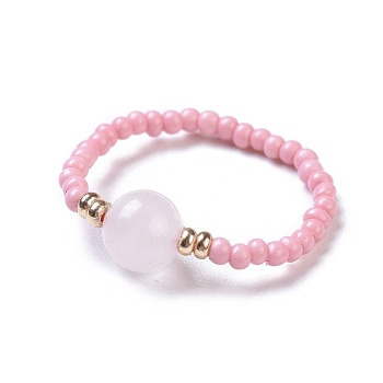 Natural Rose Quartz Stretch Rings, with Glass Seed Beads, Size 8, 18mm