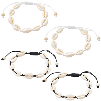 4Pcs 2 Colors Natural Shell & Synthetic Turquoise Braided Bead Bracelet for Women, Mixed Color, Inner Diameter: 1-3/4~3-1/8 inch(4.5~7.9cm), 2pcs/color