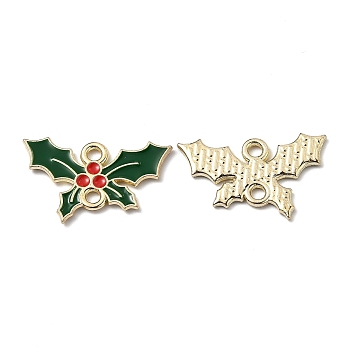 Alloy Enamel Links Connectors, Christmas Holly Leaves, Green, Golden, 13x20.5x1.2mm, Hole: 1.6mm