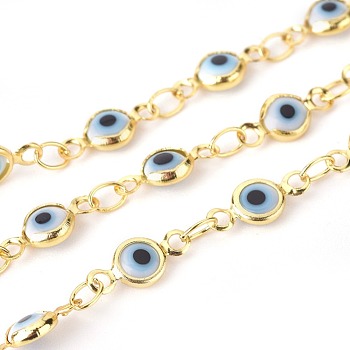 Handmade Evil Eye Lampwork Link Chains, Soldered, with Brass Findings, with Spool, Long-Lasting Plated, Flat Round, Golden, White, 10x4.5x2mm, Hole: 1.5mm, about 32.8 Feet(10m)/roll