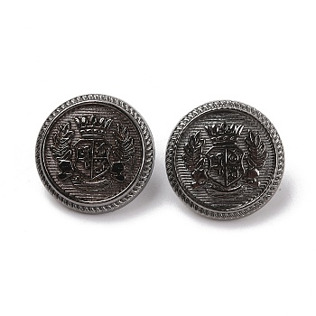 Alloy Shank Buttons, Flat Round with Crown Wheat Badge Pattern, Gunmetal, 15x7.5mm, Hole: 1.6mm