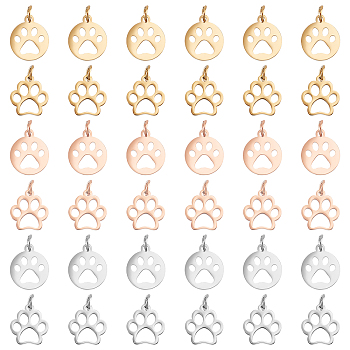 DICOSMETIC 36Pcs 6 Style 304 Stainless Steel Pendants, Hollow, Dog Paw Prints, Mixed Color, 6pcs/style