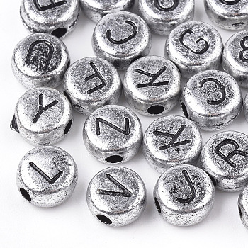 Acrylic Beads, Horizontal Hole, Mixed Letter, Flat Round, Silver, 7x4mm, Hole: 1mm, about 3700pcs/500g