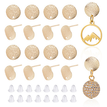 16Pcs Brass Stud Earrings Findings, Flat Round with Hole, with 20Pcs Plastic Ear Nuts, Golden, 10mm, Hole: 1mm, Pin: 0.7mm