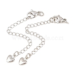 Brass Curb Chain Extender, End Chains with Lobster Claw Clasps and Heart Charms, Platinum, 70mm(KK-L265-02P)