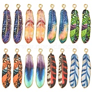 16Pcs 8 Styles Alloy Enamel Pendants, Golden, Feather Charm, Mixed Color, 38x8.5x1.5mm, Hole: 1.6mm, 2pcs/style(FIND-FS0002-69)