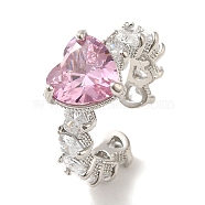 Brass Micro Pave Cubic Zirconia Rings for Women, with Glass, Long-Lasting Plated, Heart, Pink, Adjustable(RJEW-E295-05P-03)