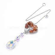 Natural Red Agate Big Pendants, with Platinum Brass Chain Extender and Findings, Plating Glass Teardrop & Flower, Clear AB Color, Heart with Tree of Life, 130mm, Hole: 4mm(G-N333-008I)