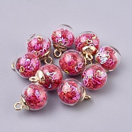 Transparent Glass Globe Pendant, with Heart Glitter Sequins inside and CCB Plastic Cup Peg Bails, Round, Golden, Cerise, 21.5x16mm, Hole: 2.5mm(GLAA-TAC0001-17E)