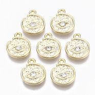 Alloy Charms, with Crystal Rhinestone, Cadmium Free & Nickel Free & Lead Free, Hammered, Flat Round with Eye, Real 18K Gold Plated, 14.5x12x3mm, Hole: 1.5mm(PALLOY-S135-003-NR)