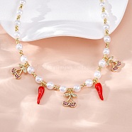 Brass Micro Pave Clear Cubic Zirconia Beaded Necklaces, with ABS Imitation Pearl Beads and Enamel, Cadmium Free & Lead Free, Long-Lasting Plated, Rack Plating, Cherry, 16.77 inch(42.6cm)(NJEW-Z059-06G-02)